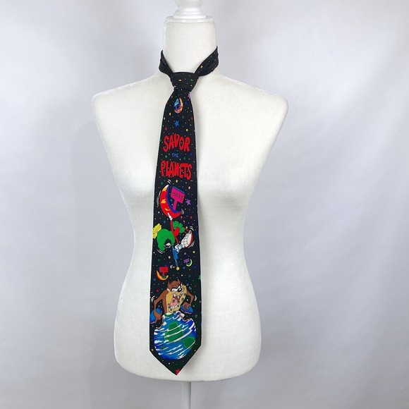 VTG 1993 Taz Marvin Martian SAVOR THE PLANETS Space Stars Earth Moon Necktie - Picture 8 of 8